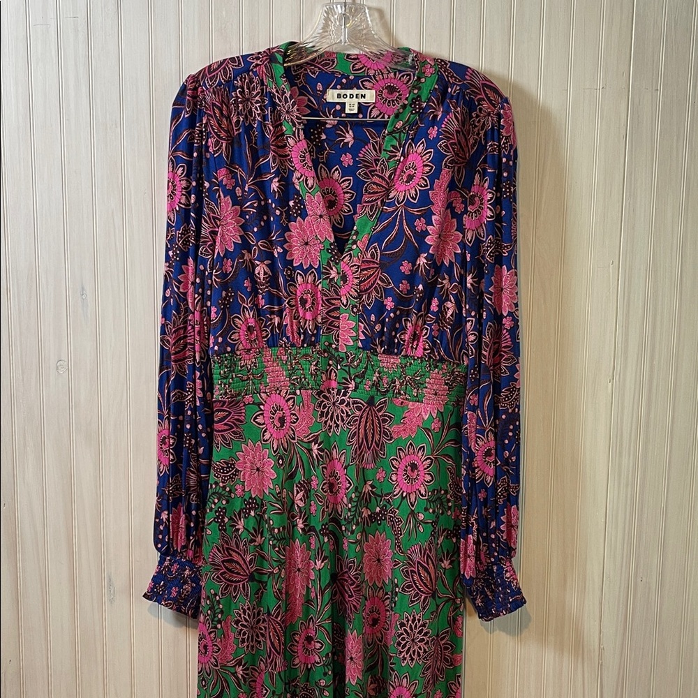 Boden Floral Midi Dress in Navy, Pink & Green